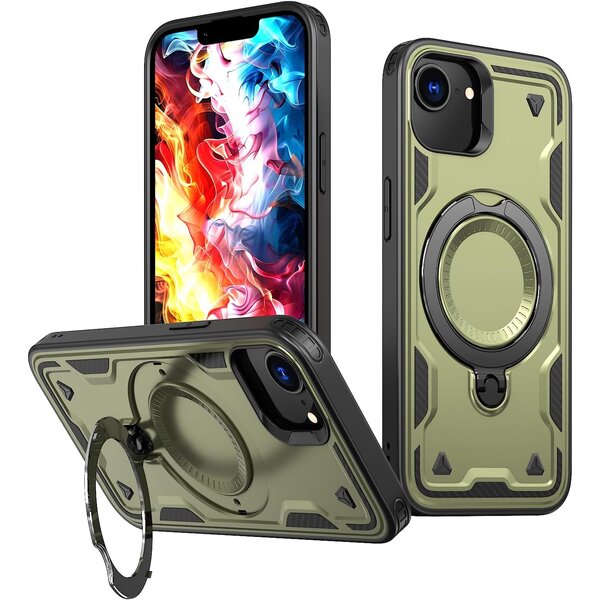 Ntech Magsafe Hoesje Geschikt voor iPhone 16e / iPhone 17e Hoesje Olijfgroen - Armor Hoesje met Met Draaibare Ring Houder