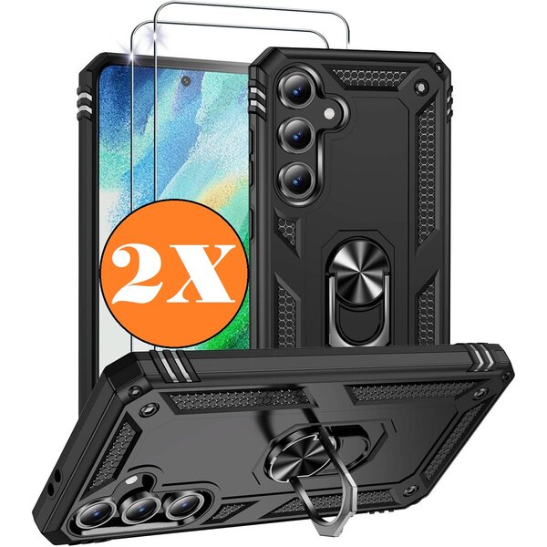 Ntech Hoesje Geschikt voor Samsung Galaxy A36 5G Hoesje Zwart Anti-Shock Hybrid Armor hoesje Met Draaibare Ring Houder - Samsung A36 Screenprotector 2 pack
