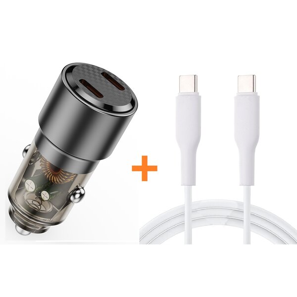 Ntech Autolader USB C 90W  - 2 Poorten Type-C Snellader Met USB-C Naar USB-C Laadkabel - Sigarettenaansteker- 12v / 24v 12V / 24V Adapter Snellader 90W -USB lader - Zwart