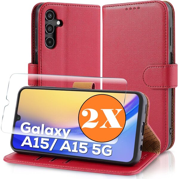 Ntech Hoesje geschikt voor Samsung Galaxy A15 5G hoesje Rood pasjeshouder telefoon hoes - Met screenprotector tempered glass voor Galaxy A15 5G - 2x