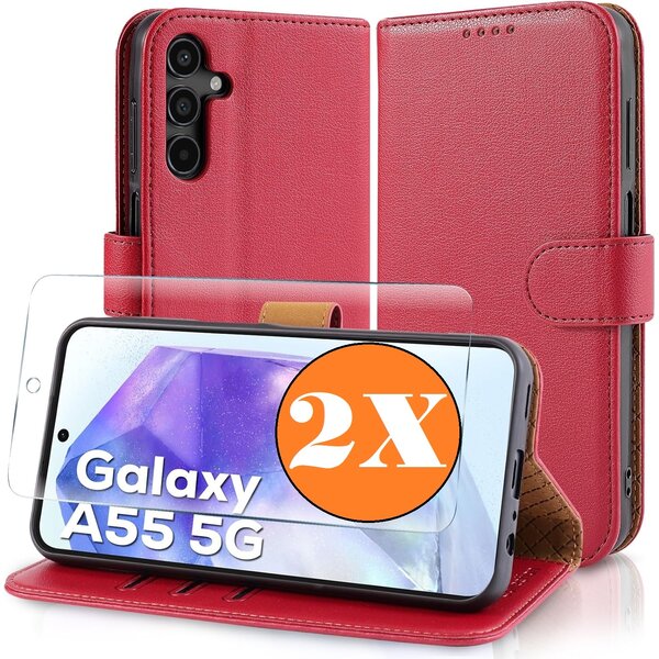Ntech Hoesje geschikt voor Samsung Galaxy A55 5G hoesje Rood pasjeshouder telefoon hoes - Met screenprotector tempered glass voor Galaxy A55 5G - 2x