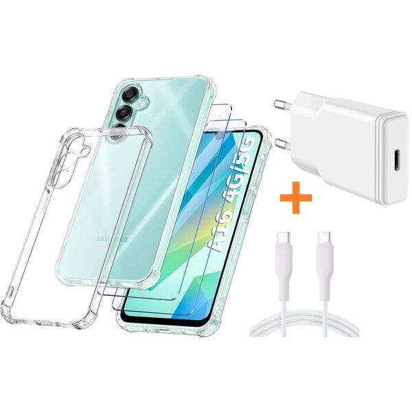 Ntech  USB C Adapter - USB C Snellader 20W Met 1m Kabel Galaxy A16 - Hoesje Geschikt Samsung A16 5G transparant Anti Shock silicone met 2x screenprotector- Ntech COMBI-SET
