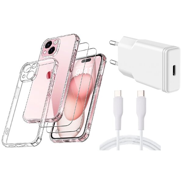 Ntech  USB C Adapter - USB C Snellader 20W Met 1m Kabel iPhone 15 Hoesje Geschikt iPhone 15 transparant Anti Shock silicone met 2x screenprotector- Ntech COMBI-SET