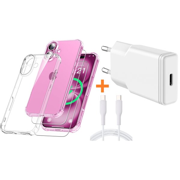 Ntech  USB C Adapter - USB C Snellader 20W Met 1m Kabel iPhone 16 Hoesje Geschikt iPhone 16 transparant Anti Shock silicone met 2x screenprotector- Ntech COMBI-SET