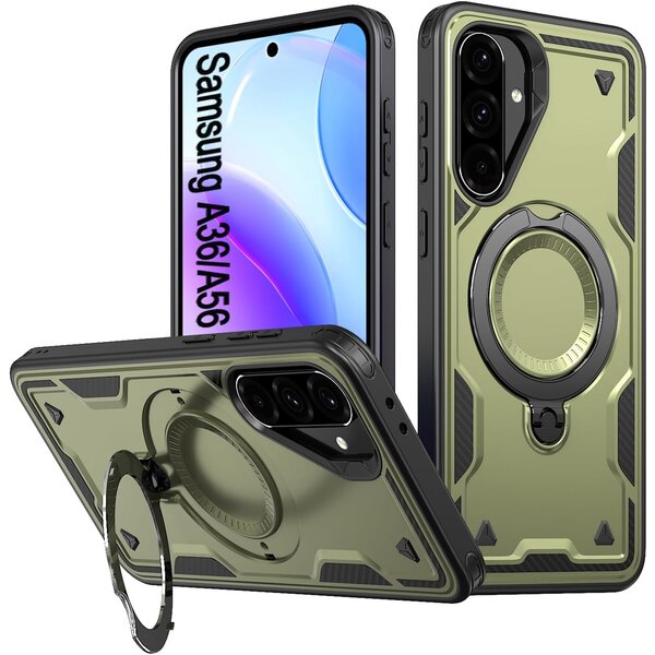 Ntech Magsafe Hoesje Geschikt voor Samsung Galaxy A56 / Galaxy A36 Hoesje Olijfgroen - Armor Hoesje met Met Draaibare Ring Houder