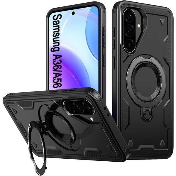Ntech Magsafe Hoesje Geschikt voor Samsung Galaxy A56 / Galaxy A36 Hoesje Zwart - Armor Hoesje met Met Draaibare Ring Houder