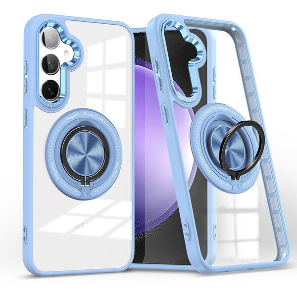 Ntech Magsafe Hoesje Geschikt voor Samsung Galaxy S23 FE hoesje Blauw Transparant - Met kickstand Draaibare Ring Houder