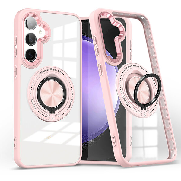 Ntech Magsafe Hoesje Geschikt voor Samsung Galaxy S23 FE hoesje Rose Goud Transparant - Met kickstand Draaibare Ring Houder