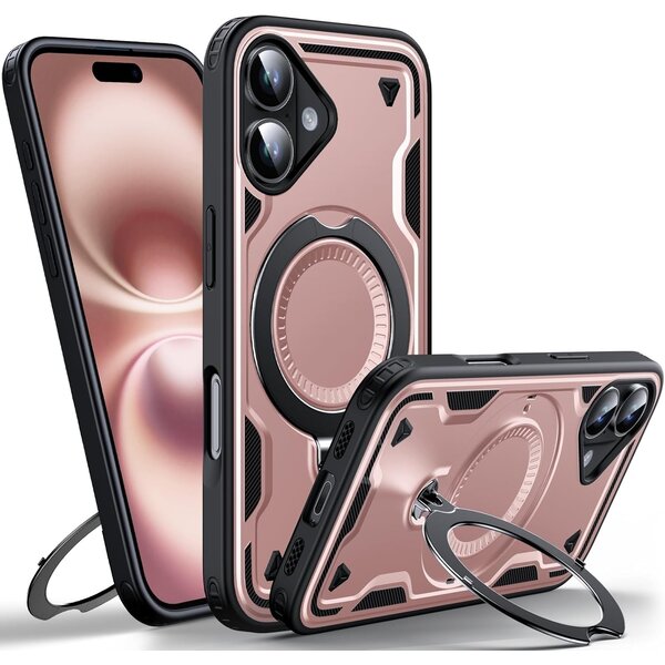 Ntech Magsafe Hoesje Geschikt voor iPhone 16 Hoesje Rose Goud - Armor Hoesje met Met Draaibare Ring Houder