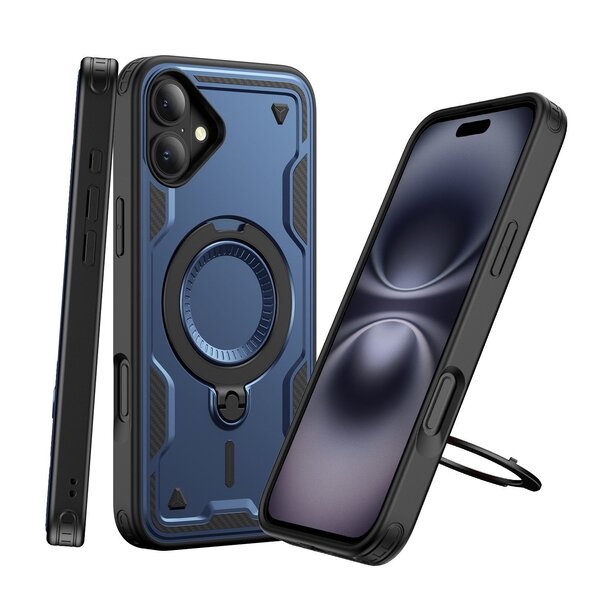 Ntech Magsafe Hoesje Geschikt voor iPhone 16 Plus Hoesje Navy - Armor Hoesje met Met Draaibare Ring Houder
