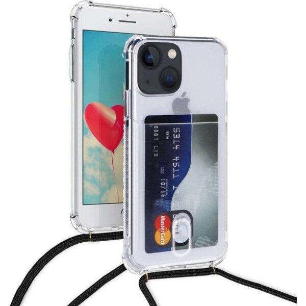 Ntech Hoesje met koord en pashouder Geschikt voor iPhone 16 Hoesje - transparant siliconen shockproof backcover case