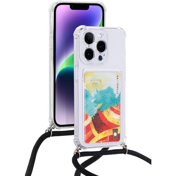 Ntech Hoesje met koord en pashouder Geschikt voor iPhone 15 Pro Hoesje - transparant siliconen shockproof backcover case