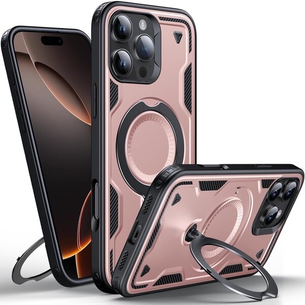 Ntech Magsafe Hoesje Geschikt voor iPhone 16 Pro Hoesje Rose Goud - Armor Hoesje met Met Draaibare Ring Houder
