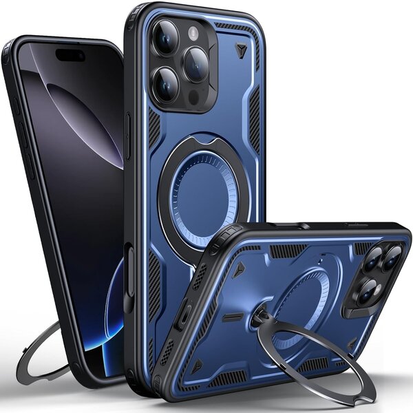 Ntech Magsafe Hoesje Geschikt voor iPhone 16 Pro Max Hoesje Navy - Armor Hoesje met Met Draaibare Ring Houder