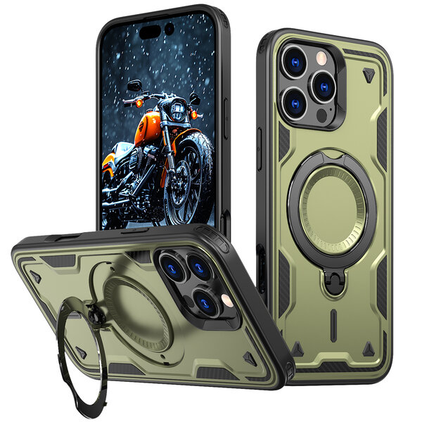 Ntech Magsafe Hoesje Geschikt voor iPhone 16 Pro Max Hoesje Olijfgroen - Armor Hoesje met Met Draaibare Ring Houder