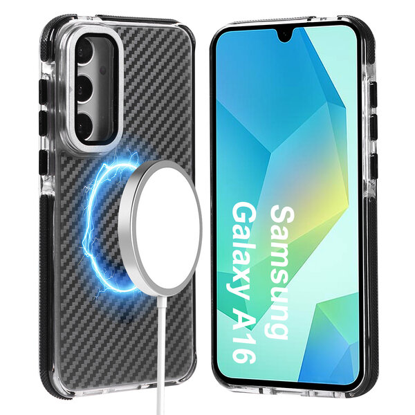 Ntech Magsafe Hoesje Geschikt voor Samsung A16 hoesje Zwart Heavy Duty Carbon Case met Versterkte Zijkanten, MagSafe en Camera Kickstand