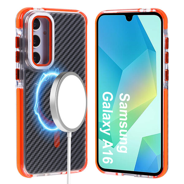 Ntech Magsafe Hoesje Geschikt voor Samsung A16 4G / 5G hoesje Oranje Heavy Duty Carbon Case met Versterkte Zijkanten, MagSafe en Camera Kickstand