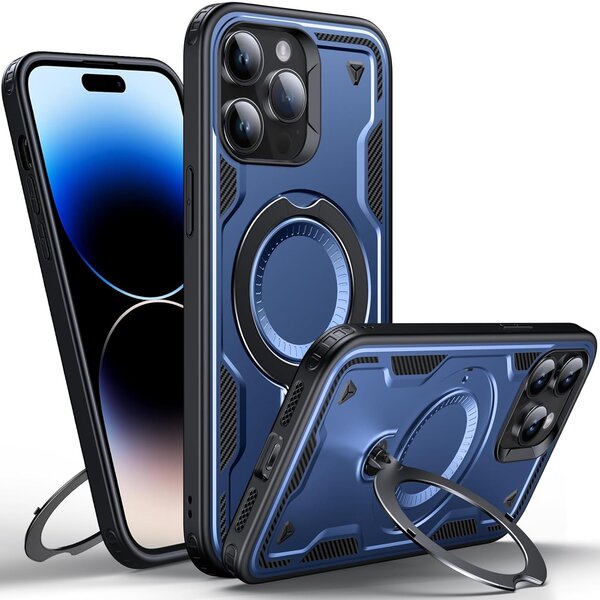 Ntech Magsafe Hoesje Geschikt voor iPhone 13 / 14 Hoesje Navy - Armor Hoesje met Met Draaibare Ring Houder