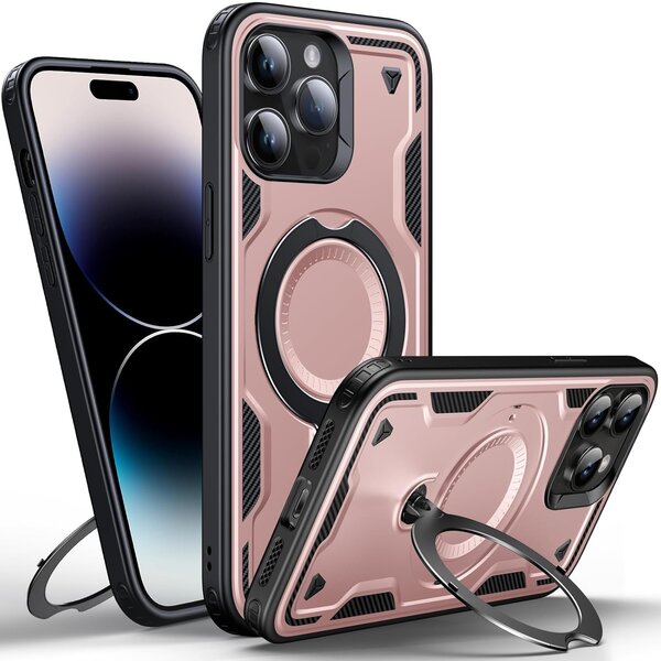 Ntech Magsafe Hoesje Geschikt voor iPhone 13 / 14 Hoesje Rose Goud - Armor Hoesje met Met Draaibare Ring Houder