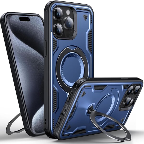 Ntech Magsafe Hoesje Geschikt voor iPhone 15 Pro Hoesje Navy - Armor Hoesje met Met Draaibare Ring Houder