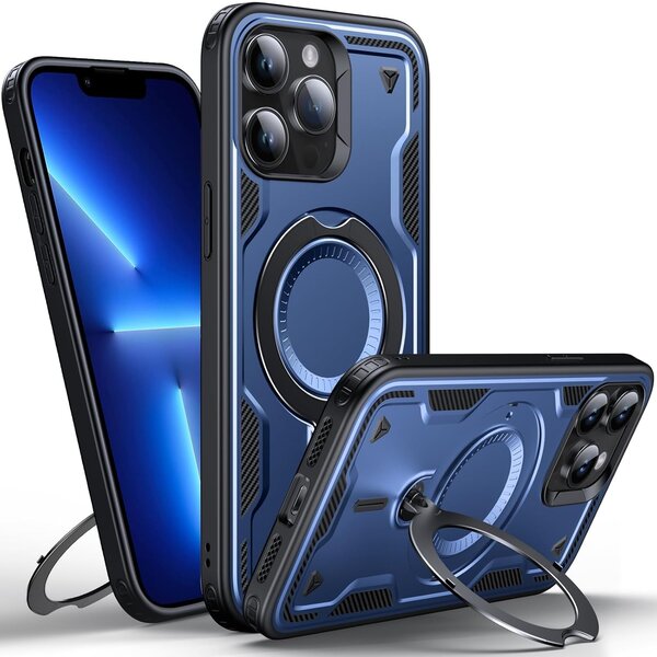 Ntech Magsafe Hoesje Geschikt voor iPhone 13 Pro Max Hoesje Navy - Armor Hoesje met Met Draaibare Ring Houder