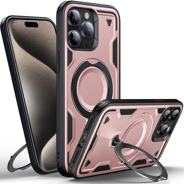 Ntech Magsafe Hoesje Geschikt voor iPhone 15 Pro Max Hoesje Rose Goud - Armor Hoesje met Met Draaibare Ring Houder