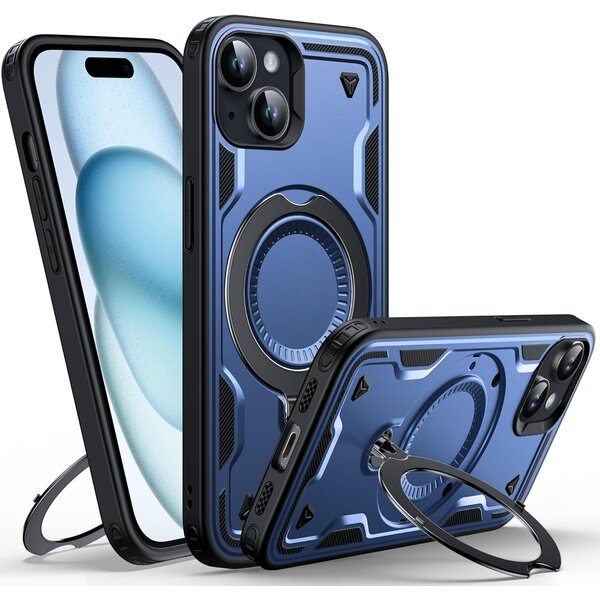 Ntech Magsafe Hoesje Geschikt voor iPhone 15 Plus / 14 Plus Hoesje Navy - Armor Hoesje met Met Draaibare Ring Houder