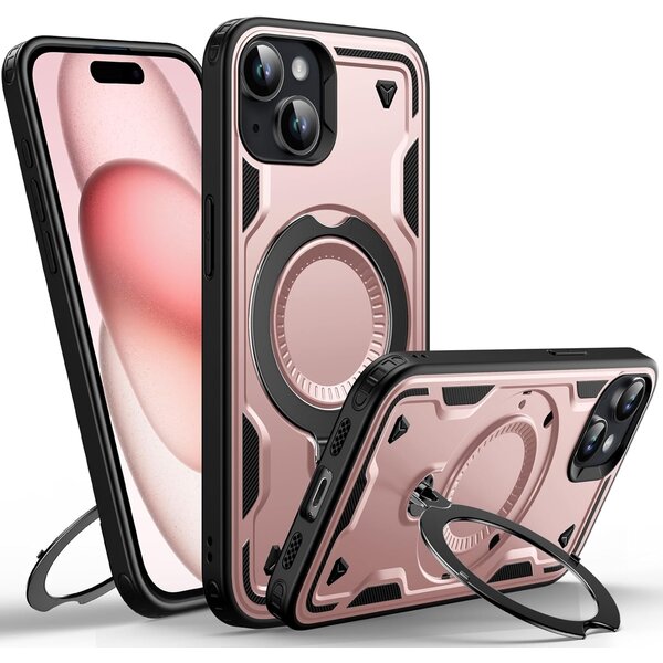 Ntech Magsafe Hoesje Geschikt voor iPhone 15 Plus / 14 Plus Hoesje Rose Goud - Armor Hoesje met Met Draaibare Ring Houder