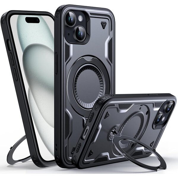 Ntech Magsafe Hoesje Geschikt voor iPhone 15 Plus / 14 Plus Hoesje Zwart - Armor Hoesje met Met Draaibare Ring Houder