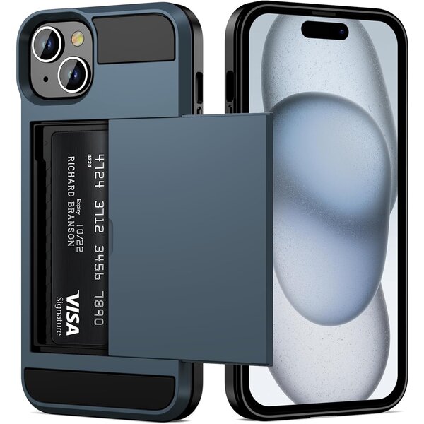 Ntech Hoesje Geschikt voor iPhone 15 Hoesje Navy - shockproof Backcover met pasjeshouder - Ruimte voor 2 pasjes