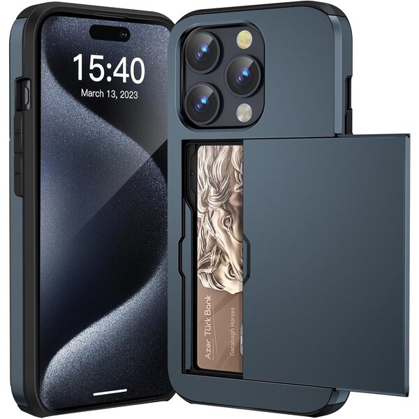 Ntech Hoesje Geschikt voor iPhone 15 Pro Hoesje Navy - shockproof Backcover met pasjeshouder - Ruimte voor 2 pasjes