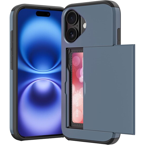Ntech Hoesje Geschikt voor iPhone 16 Hoesje Navy - shockproof Backcover met pasjeshouder - Ruimte voor 2 pasjes