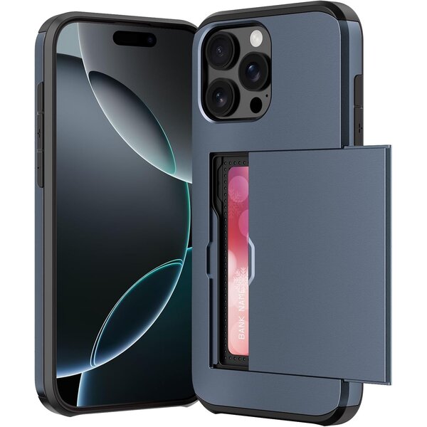 Ntech Hoesje Geschikt voor iPhone 16 Pro Hoesje Navy - shockproof Backcover met pasjeshouder - Ruimte voor 2 pasjes