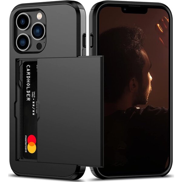 Ntech Hoesje Geschikt voor iPhone 13 Pro Hoesje Zwart - shockproof Backcover met pasjeshouder - Ruimte voor 2 pasjes