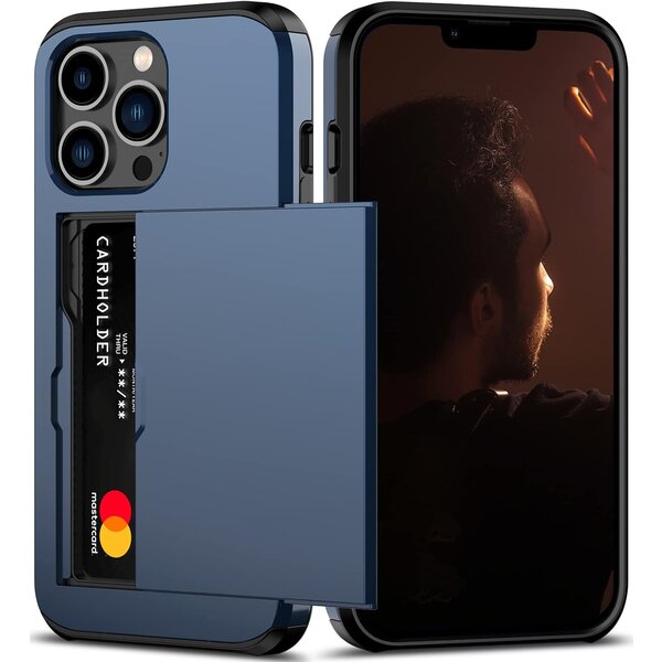 Ntech Hoesje Geschikt voor iPhone 13 Pro Hoesje Navy - shockproof Backcover met pasjeshouder - Ruimte voor 2 pasjes