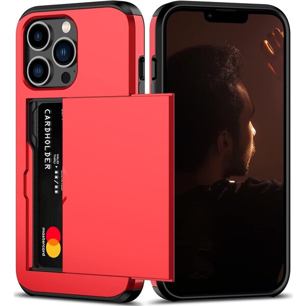 Ntech Hoesje Geschikt voor iPhone 13 Pro Hoesje Rood - shockproof Backcover met pasjeshouder - Ruimte voor 2 pasjes