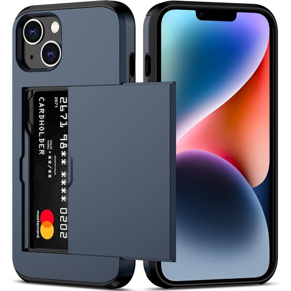 Ntech Hoesje Geschikt voor iPhone 14 Hoesje Navy - shockproof Backcover met pasjeshouder - Ruimte voor 2 pasjes
