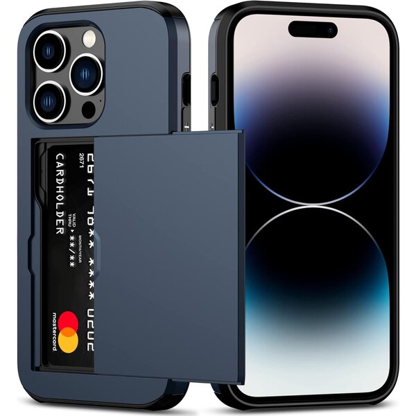 Ntech Hoesje Geschikt voor iPhone 14 Pro Hoesje Navy - shockproof Backcover met pasjeshouder - Ruimte voor 2 pasjes