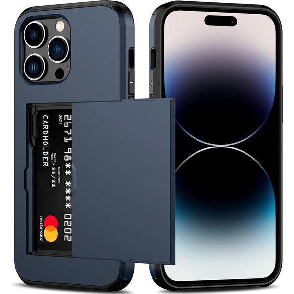 Ntech Hoesje Geschikt voor iPhone 14 Pro Max Hoesje Navy - shockproof Backcover met pasjeshouder - Ruimte voor 2 pasjes