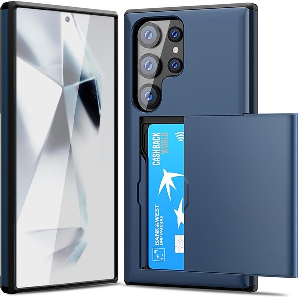 Ntech Hoesje Geschikt voor Samsung Galaxy S24 Ultra Hoesje Navy - shockproof Backcover met pasjeshouder - Ruimte voor 2 pasjes