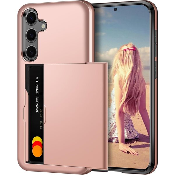 Ntech Hoesje Geschikt voor Samsung Galaxy S24 FE Hoesje Rose Goud - shockproof Backcover met pasjeshouder - Ruimte voor 2 pasjes