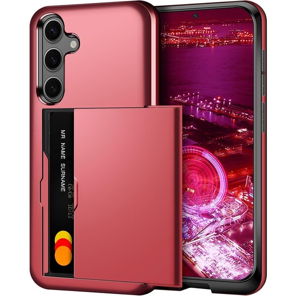 Ntech Hoesje Geschikt voor Samsung Galaxy S24 FE Hoesje Rood - shockproof Backcover met pasjeshouder - Ruimte voor 2 pasjes