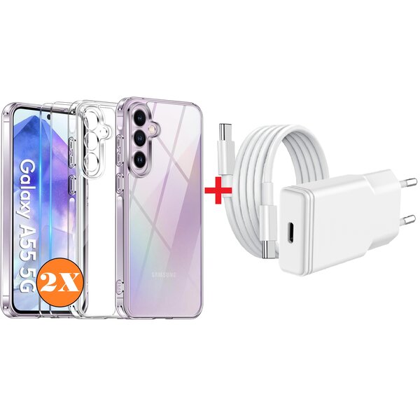 Ntech USB C Adapter - oplader - USB C Snellader 20W Met 1m Kabel - Hoesje Geschikt voor Samsung Galaxy A55 hoesje transparant Anti Shock silicone met 2x screenprotector- Ntech COMBI-SET