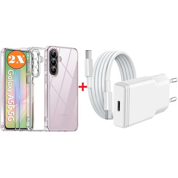 Ntech USB C Adapter - USB C Snellader 20W Met 1M Kabel - Hoesje Geschikt voor Samsung Galaxy A56 transparant Anti Shock silicone met 2x screenprotector- Ntech COMBI-SET