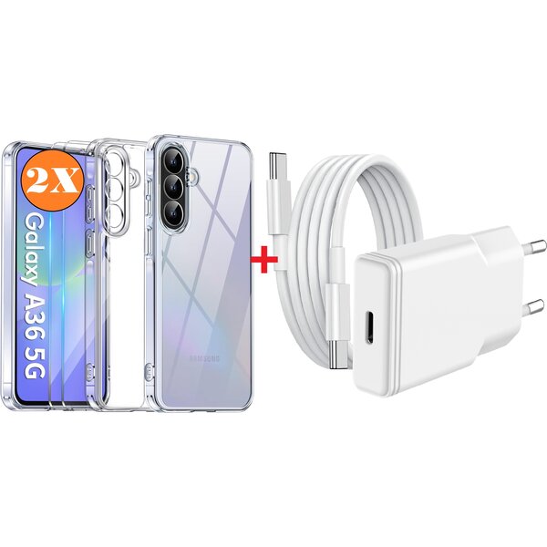 Ntech USB C Adapter - oplader - USB C Snellader 20W Met 1m Kabel - Hoesje Geschikt voor Samsung Galaxy A36 hoesje transparant Anti Shock silicone met 2x screenprotector- Ntech COMBI-SET