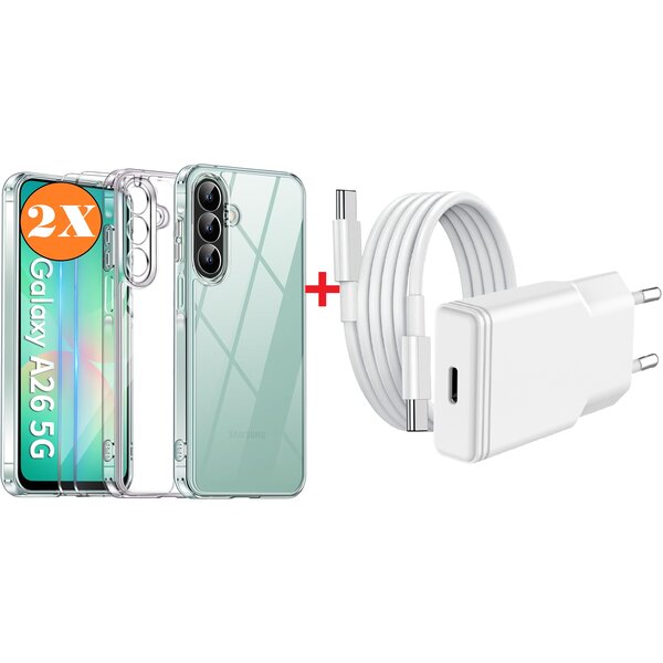 Ntech USB C Adapter - oplader - USB C Snellader 20W Met 1m Kabel - Hoesje Geschikt voor Samsung Galaxy A26 hoesje transparant Anti Shock silicone met 2x screenprotector- Ntech COMBI-SET