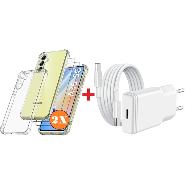 Ntech USB C Adapter - oplader - USB C Snellader 20W Met 1m Kabel - Hoesje Geschikt voor Samsung Galaxy A35 hoesje transparant Anti Shock silicone met 2x screenprotector- Ntech COMBI-SET