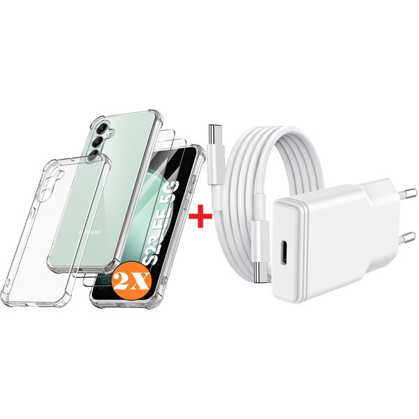 Ntech USB C Adapter - oplader - USB C Snellader 20W Met 1m Kabel - Hoesje Geschikt voor Samsung Galaxy S23 FE hoesje transparant Anti Shock silicone met 2x screenprotector- Ntech COMBI-SET