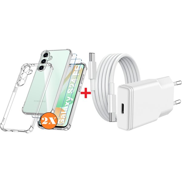 Ntech USB C Adapter - oplader - USB C Snellader 20W Met 1m Kabel - Hoesje Geschikt voor Galaxy S24 FE hoesje transparant Anti Shock silicone met 2x screenprotector- Ntech COMBI-SET