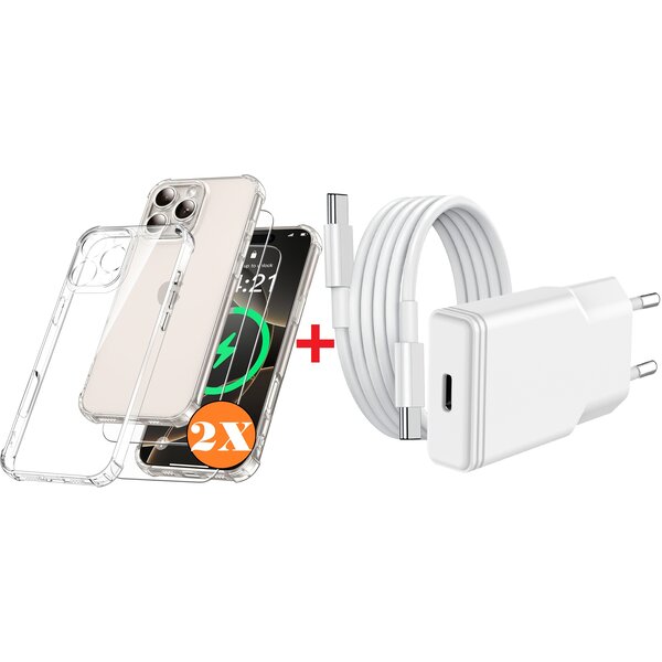 Ntech USB C Adapter - oplader - USB C Snellader 20W Met 1m Kabel - Hoesje Geschikt voor iPhone 16 Pro Max hoesje transparant Anti Shock silicone met 2x screenprotector- Ntech COMBI-SET